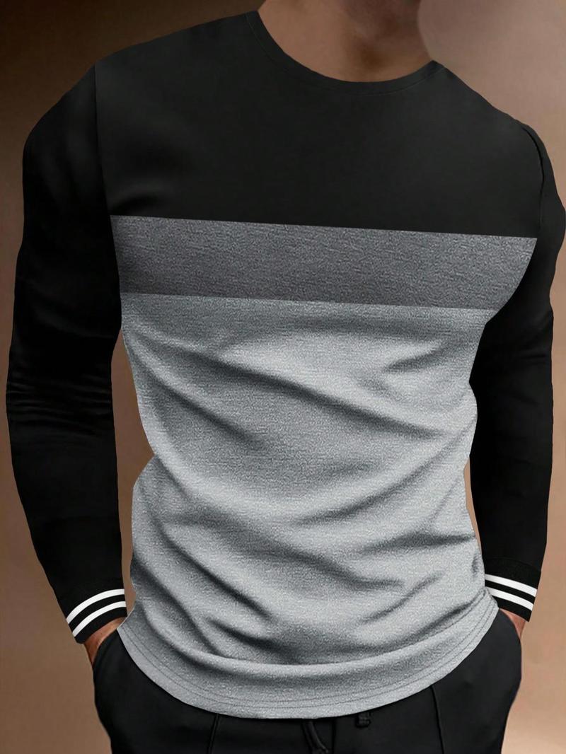 Men's Colorblock Striped Print Round Neck Tee, Casual Long Sleeve Crew Neck T-Shirt for Spring & Fall, Fashion Men's Regular Fit Top for Daily Wear