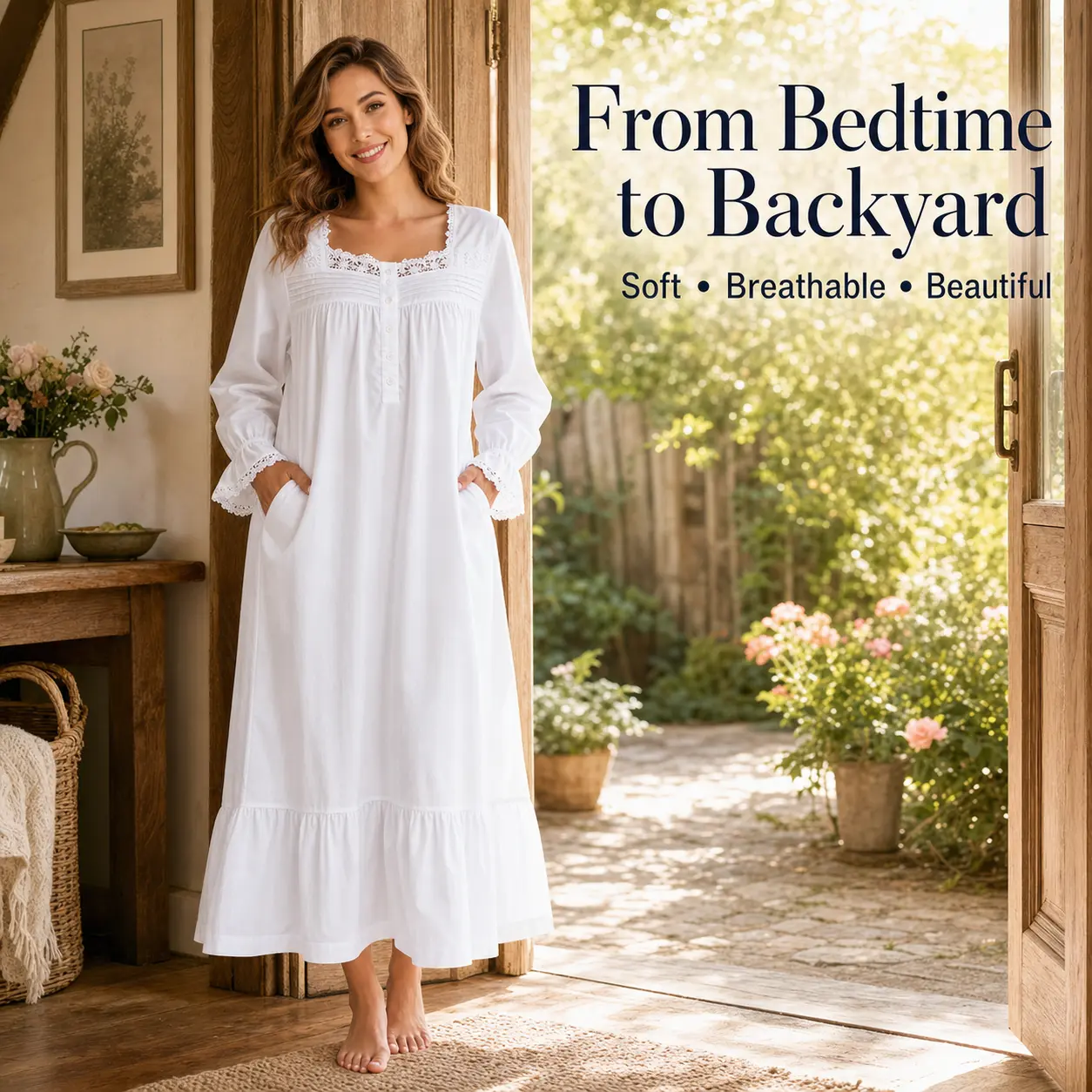 Viakeo 100% Cotton Nightgowns For Women Victorian Night Gown Long Sleeve House Dress With Pockets