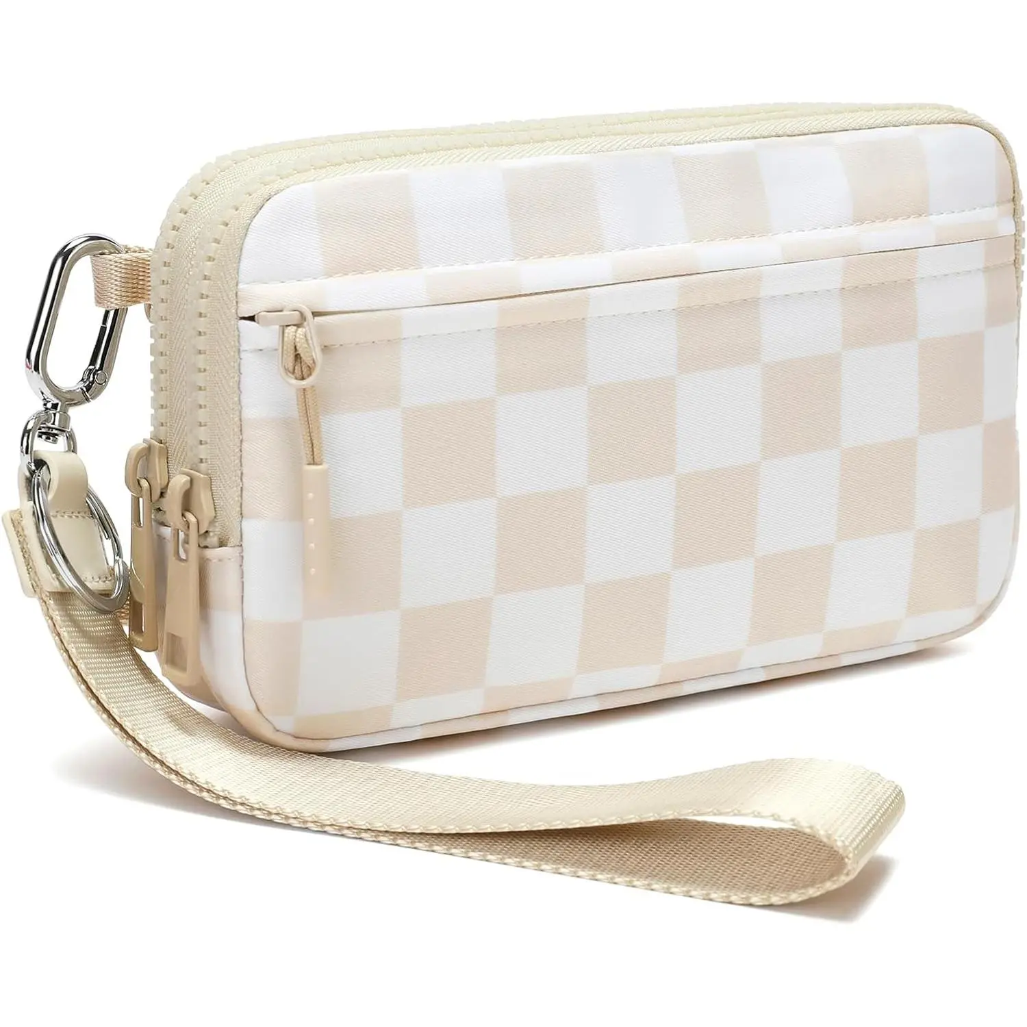 Wristlet wallets for women Nylon Quilted Wallet with 4 Zippers,Travel Credit Card,Holder Cell Phone Organizer, checkered belt bag