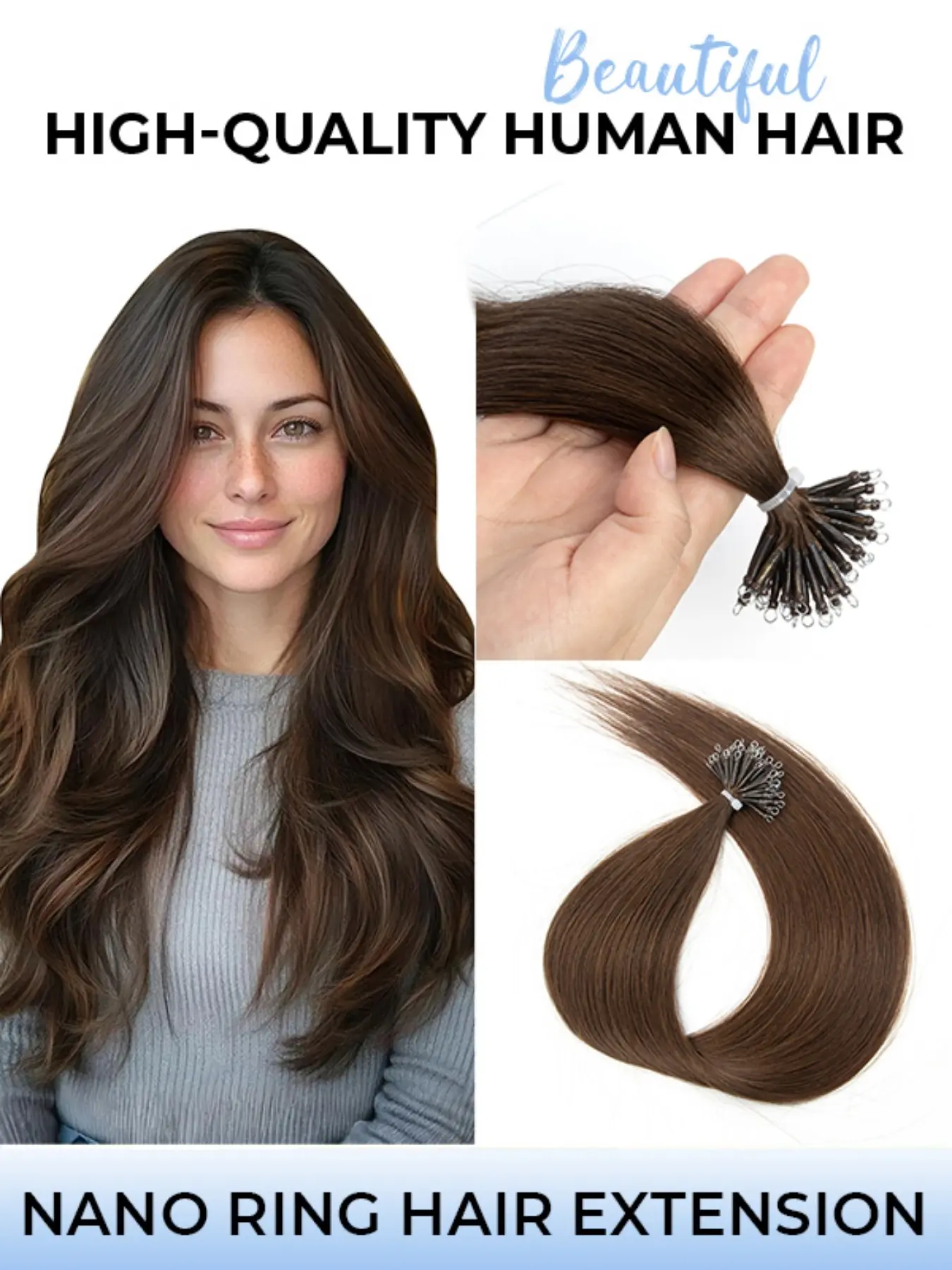 Nano Hair Extensions - Real Human Hair Black/Brown/Blonde/Highlight Nano Ring Hair Extensions with Nano Beads, Natural Look, Easy to Style, 12-20Inch, 30g 50 Strands/Pack