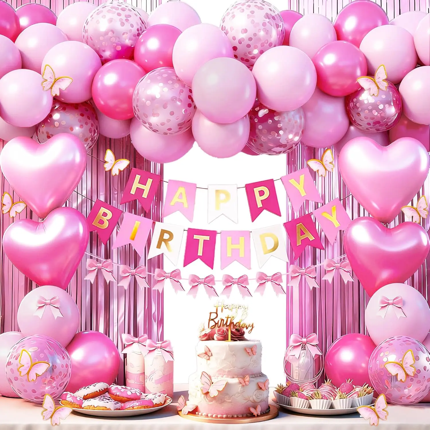 Hot Pink Paper Birthday Decoration Kit with Heart Balloon Garland, Butterfly Stickers, Pink Bow - Letter Print, Reusable, Biodegradable, Eco-Friendly, Cost-Effective, Quick Assemble, for Large Spaces, Indoor/Outdoor