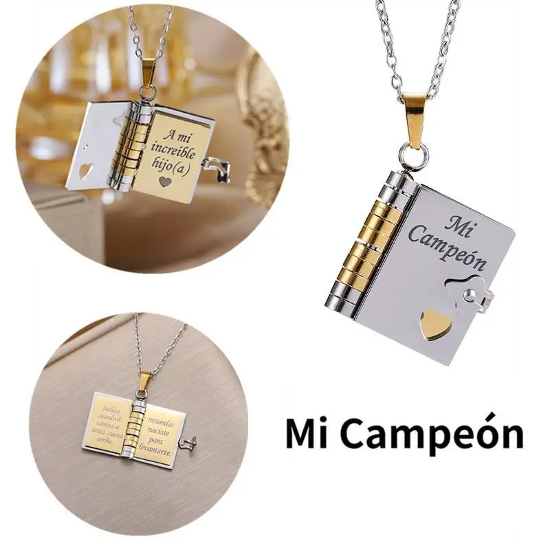 Chic 304L Stainless Steel Openable Design Locket Book with 6 Pages Pendant Necklace, Spanish Mi Campeón Personalized Holiday Gift Festivals, Birthdays, and Special Occasions Party Jewelry