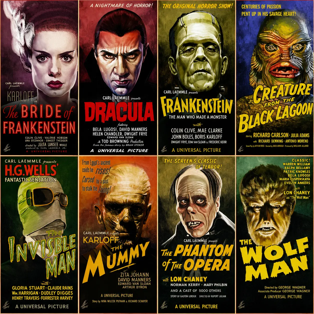 Universal Classic Monsters Complete Series Collector's Edition Canvas Poster, Vintage Horror Movie Poster Wall Art, Halloween-Themed Decor for Men's Bedrooms and Dorms, Must-Have Collectible for Horror Fans, Horror Movie Wall Art, Gothic Wall Decor