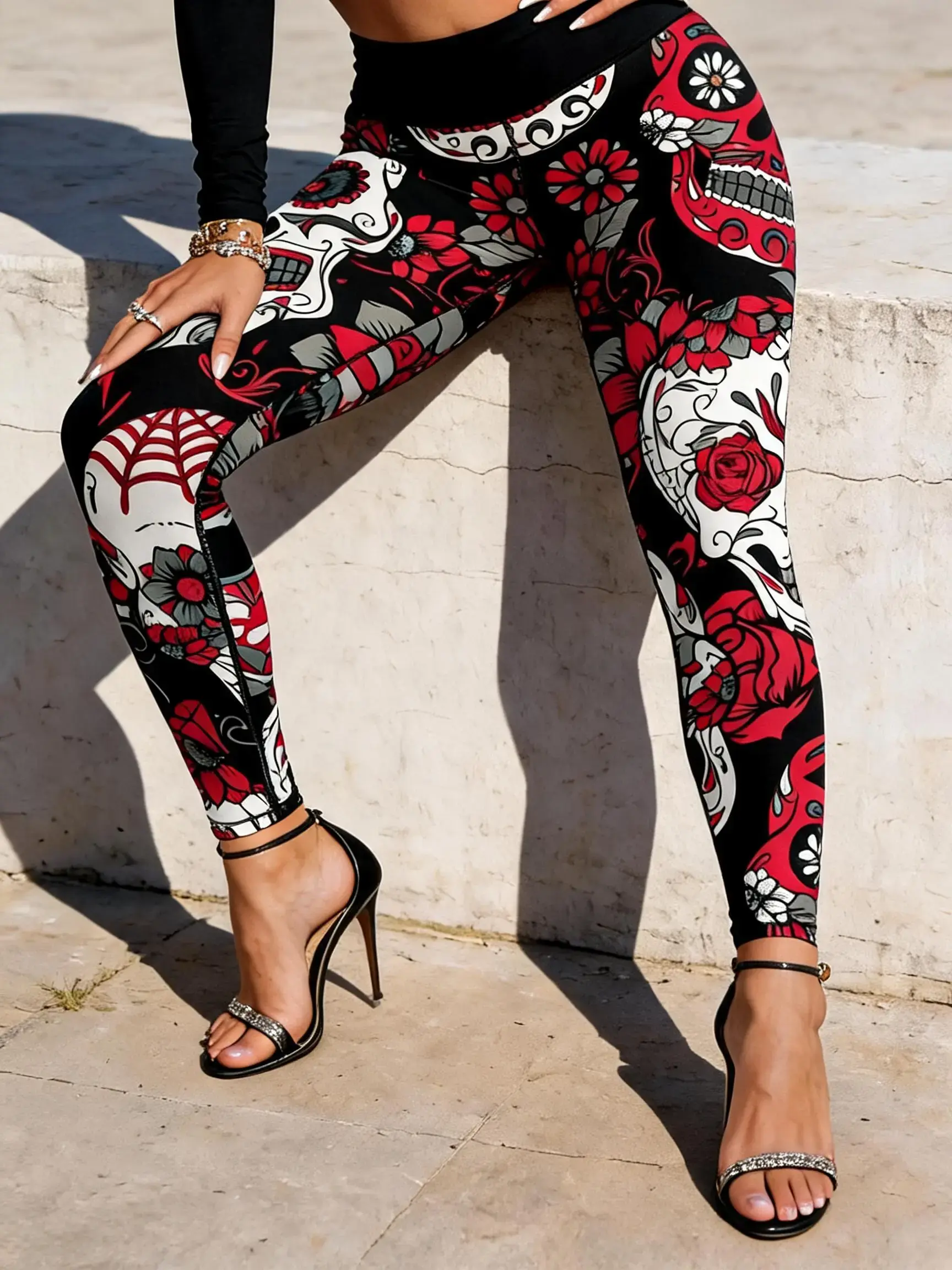 Skull Digital Print Tight Stretchy High Waist Yoga Leggings, Fitness Bottoms, Tight Fitness Pants, Sport Casual Adult Gym Outdoor Wear, Halloween Party Style, High Waisted Sportswear