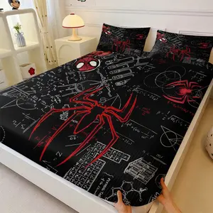 Vintage Chalk Sketch Scientific Bedding Fitted Sheet Set, Center Large Red Arachnid Surrounded by Hand Drawn Math Physics Formulas 3 Piece Elastic Bed Cover, Durable Colorfast Fabric, Bedroom Renovation Gift for Science Students & Teen Boys