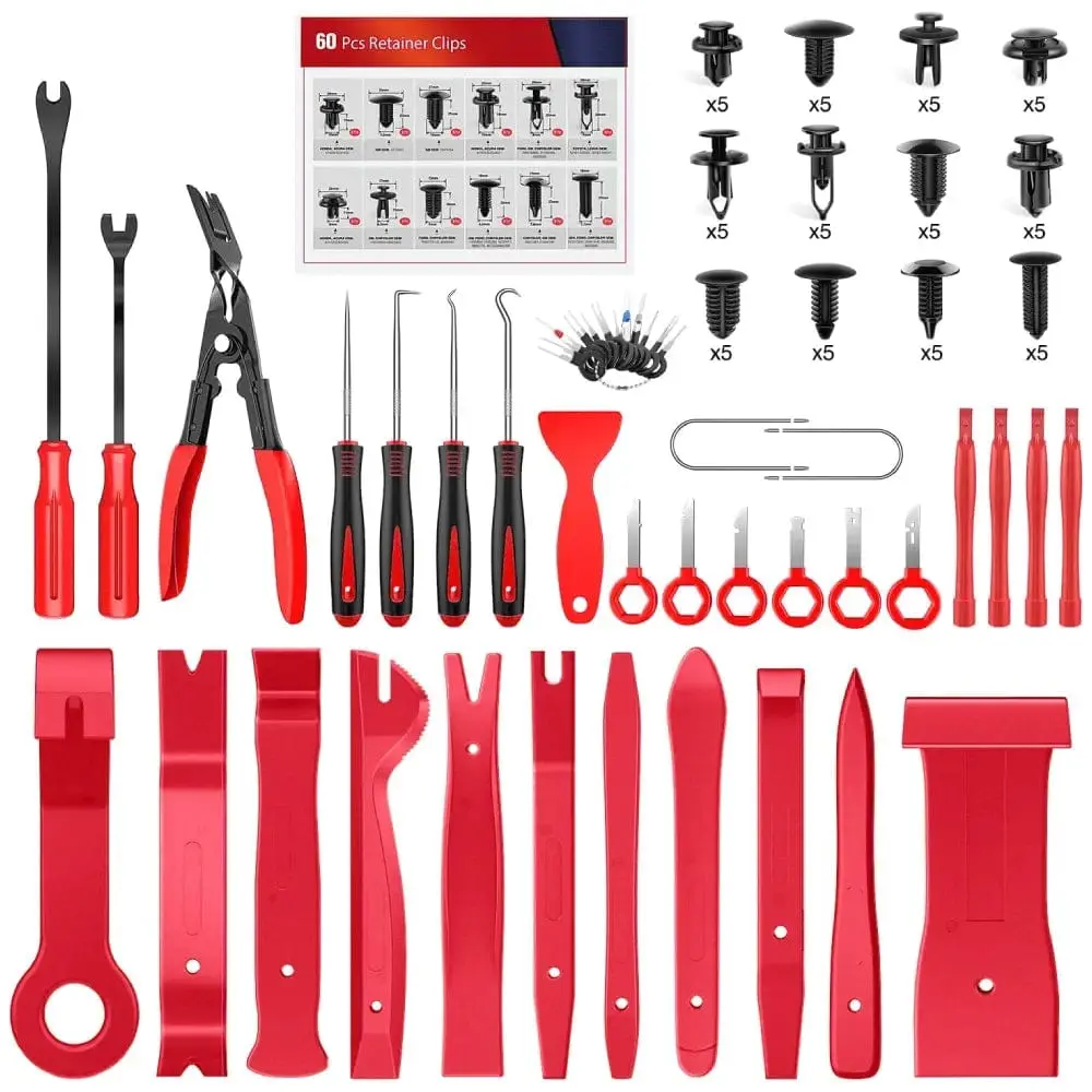 Nilight 102-Piece Red Sturdy Trim Removal Tool Kit - 60 Car Retainer Clips, 8 Stainless Steel Stereo Removal Tools, Includes Clips, Portable Bag for Vehicle Audio & Body Repair