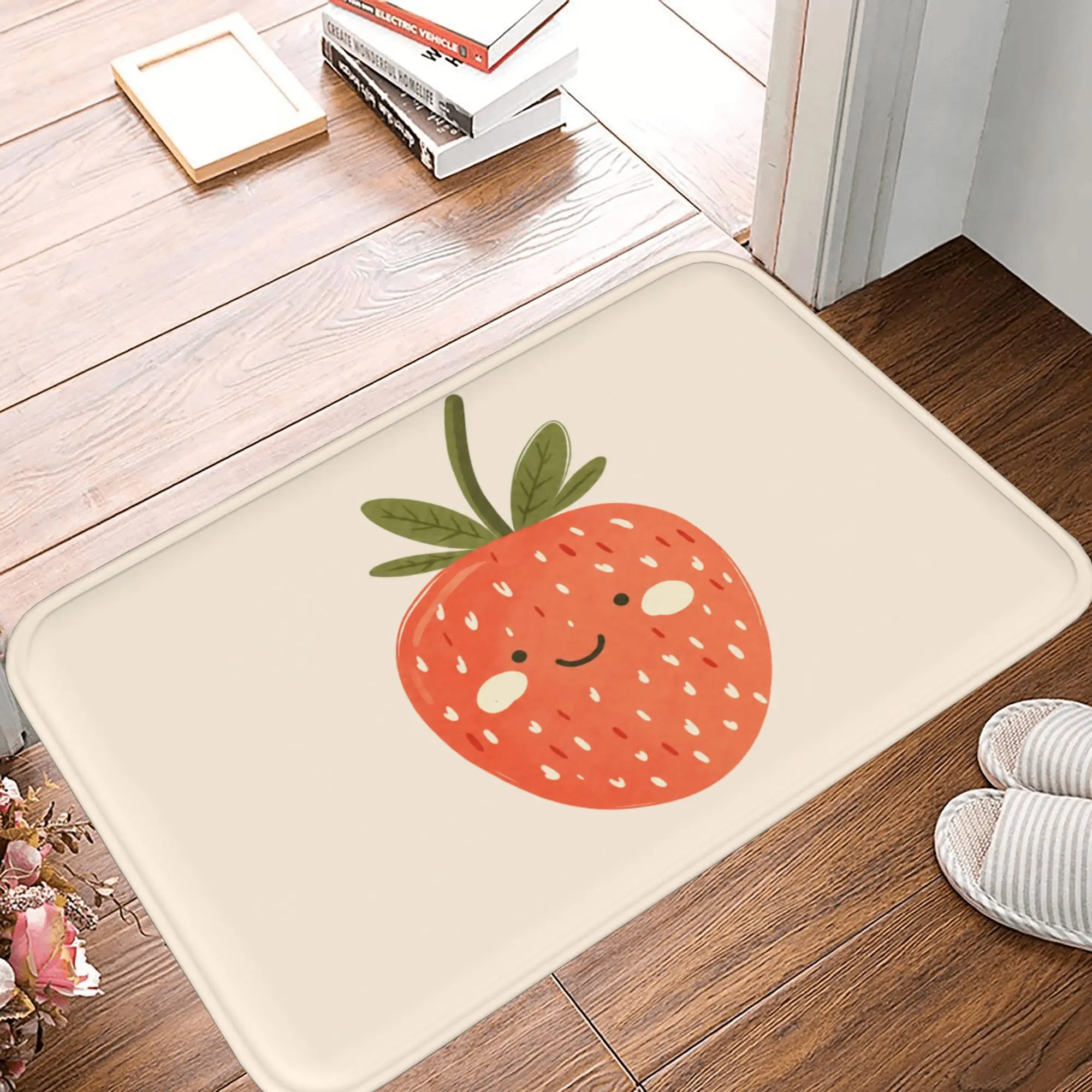 Cute Strawberry Flannel Doormat - Non-Slip Decorative Indoor Entrance Rug, Soft Absorbent Floor Mat for Kitchen and Bathroom, Low-Profile Mud Scraper, Easy Clean,Christmas,Santa