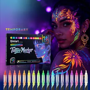 Temporary Tattoo Markers, 18 UV Reactive Colors, Glow Tattoo Pen Set with 6 Stencils, Skin-Safe Washable Body Art for Parties, Festivals, Halloween, DIY