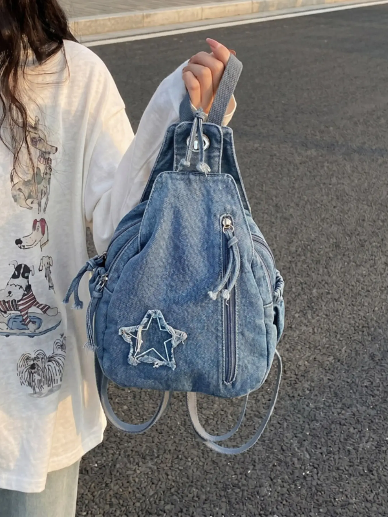New Denim Star Shoulder Bag, Women's Casual Lightweight Korean Style Outdoor Crossbody Backpack, Crossbody Bags, Ideal for Commuting Travel Shopping