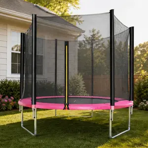 ARCH 8FT Outdoor Trampoline with Enclosure Net for Kids Family, Heavy Duty Galvanized Steel Frame, Weatherproof PP Jumping Mat, 4 L-Shaped Legs for Stability, Pink Black, ASTM CPC Certified, Garden Backyard Fun, Pink+Black Color Options