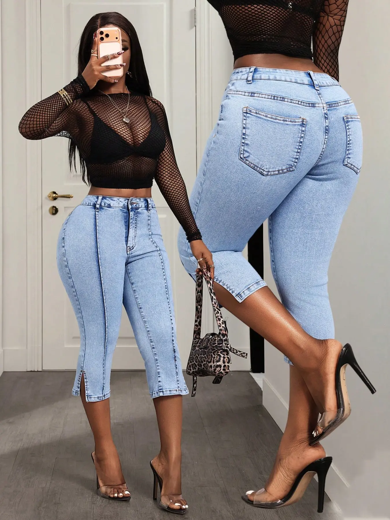 American High-Waisted Split Seven-Quarter Jeans, Casual Light Blue Washed Side Slit Tight Fit, Slimming Jean Shorts for Women
