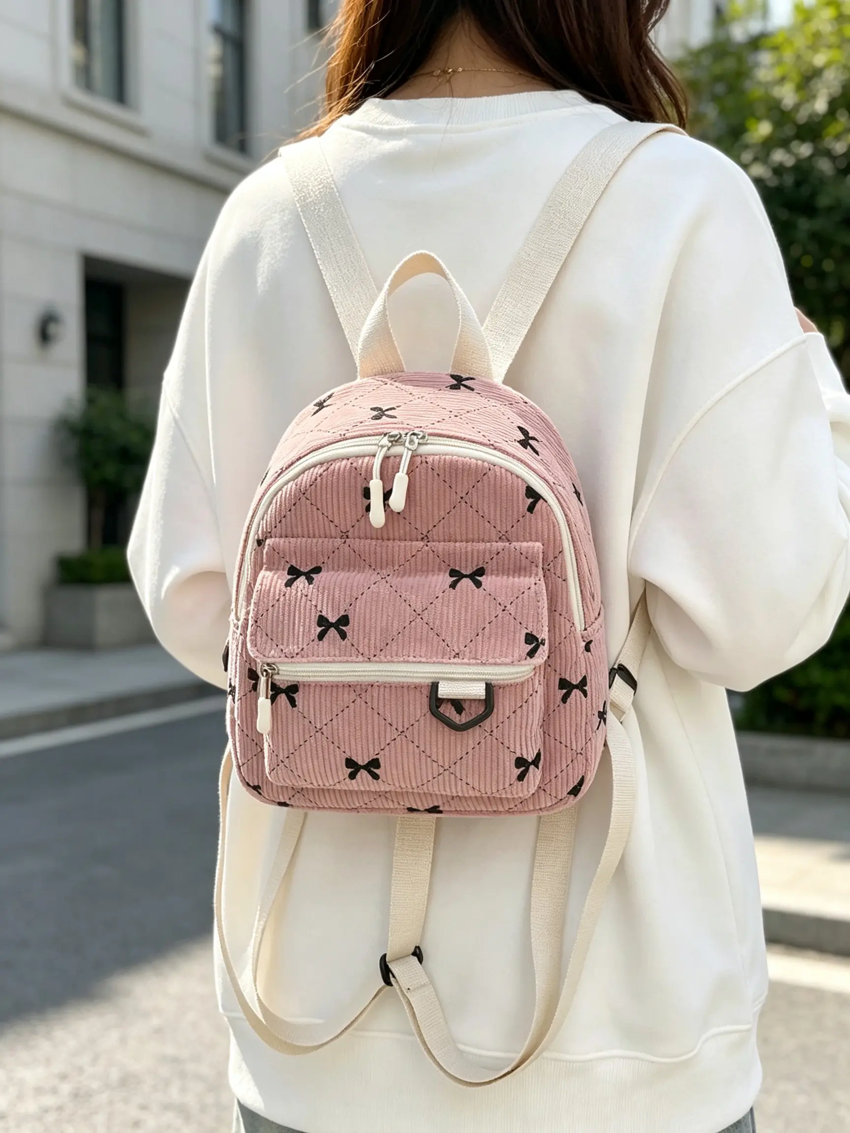 Mini Corduroy Backpack, Butterfly Knot Embroidery, Quilted Design, Multiple Pockets, Lightweight, Retro Sweet Style, Ideal for Girls and Students, Quilted Casual Daypack