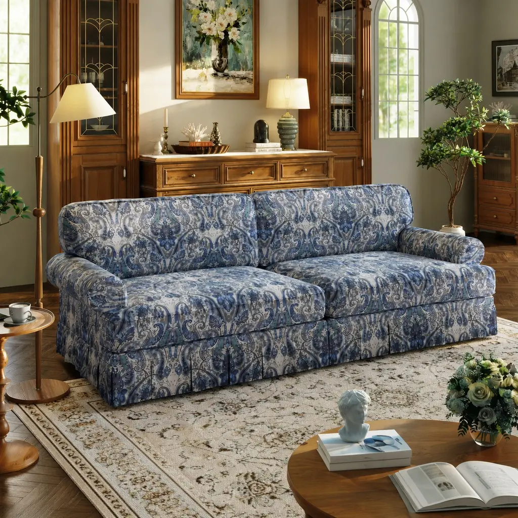 ARCH 93.7" 4-Seater Cloud Couch Oxford Fabric Sofa with Rolled Arms Pleated Skirt Deep Seat 26.4" Mid Century Living Room Couch for Apartment Office Blue Floral, Blue Floral Color Options, oxford fabric Material, 4 Seat Seat Count