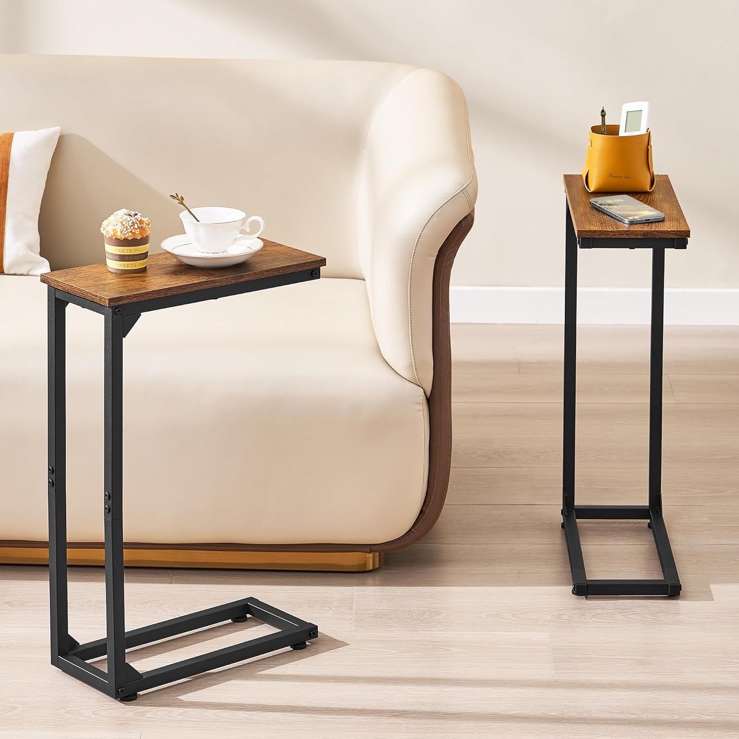 C Shaped End Table, Couch Table That Slide Under, Small Side Table for Couch, Sofa and Bed, TV Trays Set of 2 for Small Space, Living Room, Bedroom, Bedside, Rustic Brown HKET1003-3BR