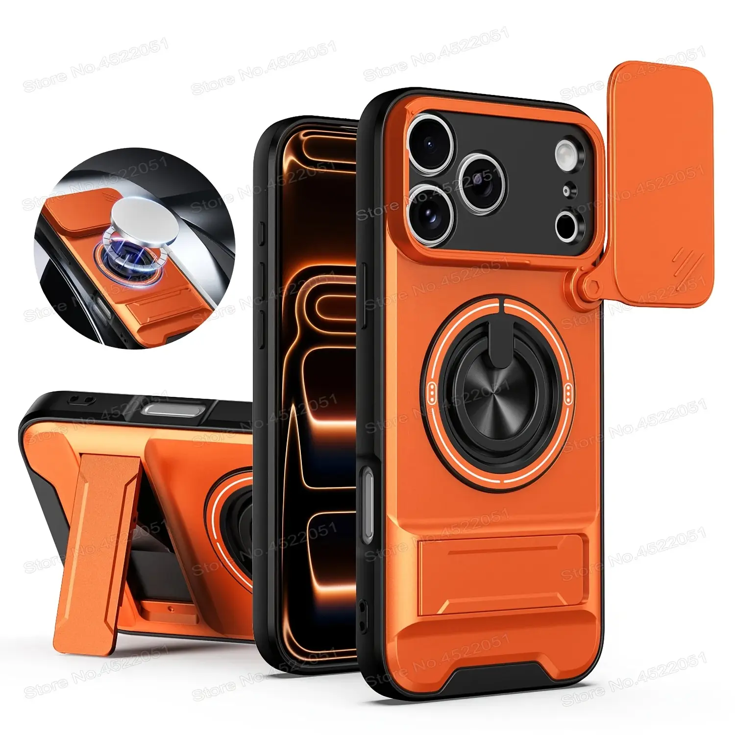 Protective Magnetic Kickstand+Ring Case for iPhone 11-17 Pro Max Plus, iPhone 16e Air, 360° Rotatable, Sliding Lens Cover, Wireless Magsafe, Shockproof Armor for Outdoor Daily Use