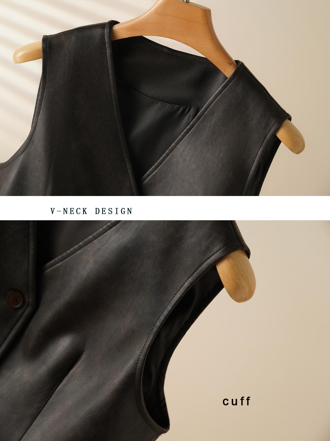 Women's PU Leather Vest Top, Single Button Front, Sleeveless V Neck, Casual Fitted Style, Spring & Fall Fashion, Moderate Fabric Thickness, Casual Comfy Vests