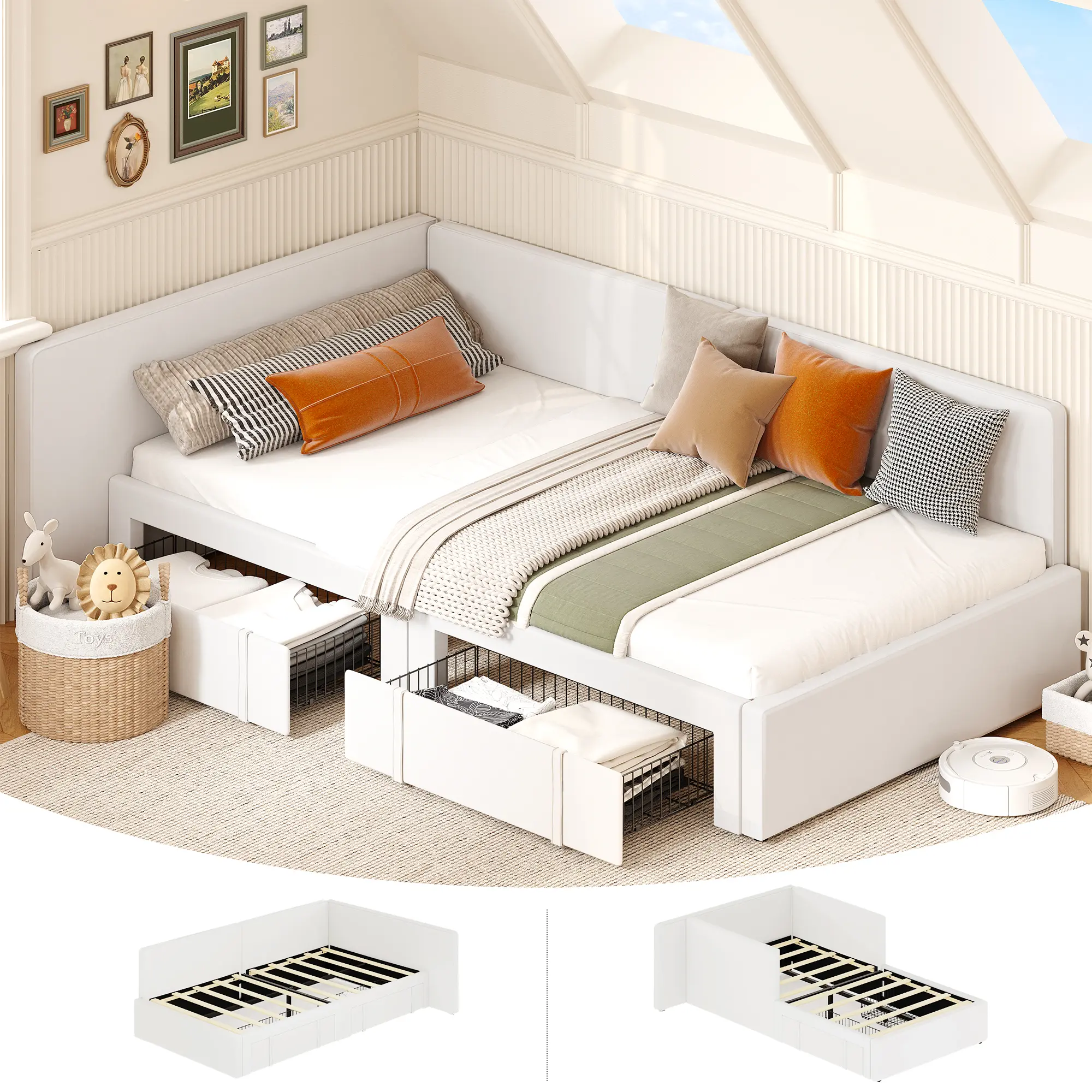 Twin Corner Daybed Frame with 2 Storage Drawers, Extended Headboard, Velvet Upholstered Sofa Bed with Bed Rails & Guardrail for Kids Bedroom/Living Room, Easy Assembly, Twin Bed Frame