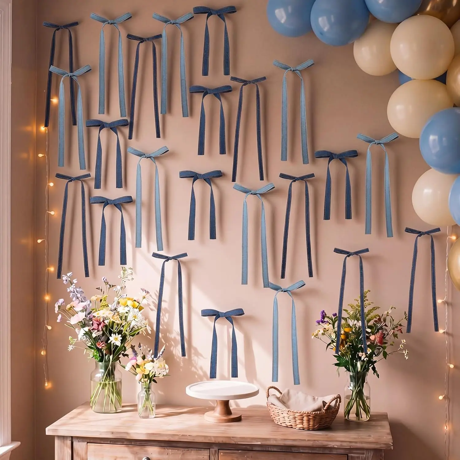 18-Piece Retro Denim Bow Decorative Set, Hangable Ornaments for DIY Photo Backdrops, Wreath Garland, Denim Birthday Party, Bedroom Home Hanging Decor, Bow Shape