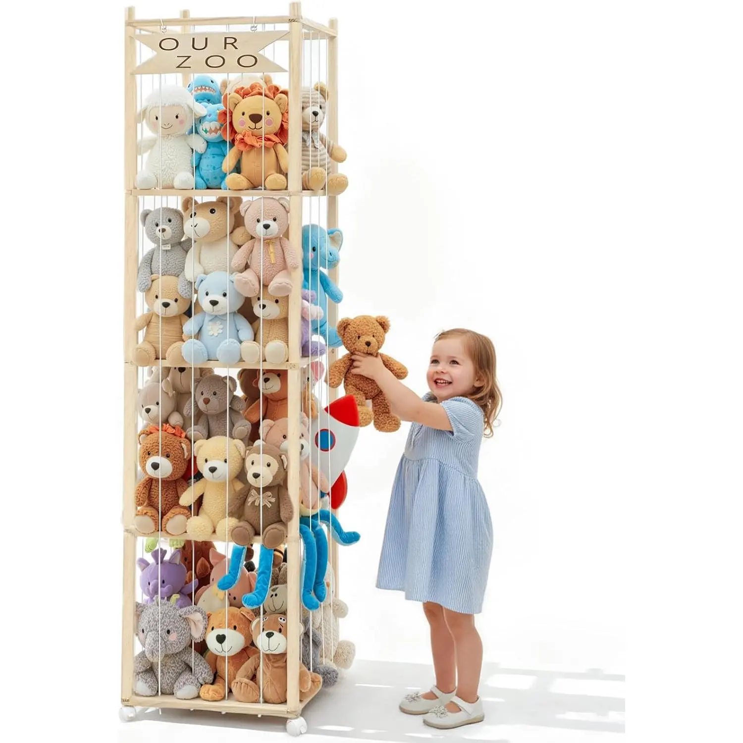 Stuffed Animal Storage & Organizer, 68.5 Inch Large Wooden Zoo Stuffed Animal Holder with Wheels, Kids Toy Storage Organizer for Nursery Storage, Toddler Rooms, Playrooms, Bedroom Organization