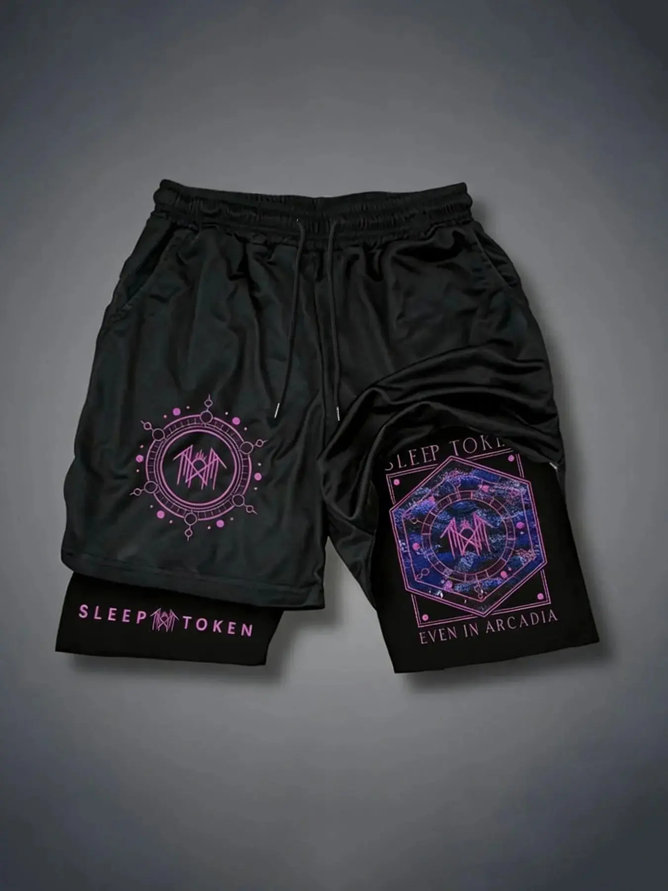 Dark Punk Double-Layered Sporty Shorts, Rune Print, Heavy Metal Band Style, Casual Fitted Drawstring Waist, Short H-Type Pants, Athletic Wear Shorts, Graphic Fitness Shorts, Dual Layer Shorts