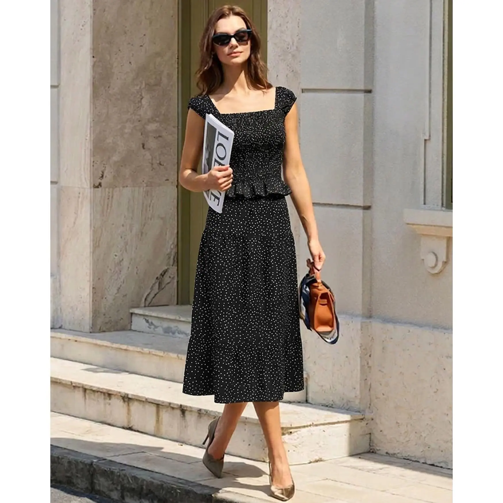 Black Square Neck Polka Dot Tank Top
