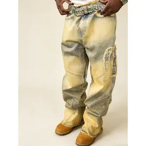 Men Streetwear Vintage Patch Splicing Baggy Straight Jeans Pants Male Stylish Loose Casual Denim Trousers High Quality Comfortable Everyday Wear