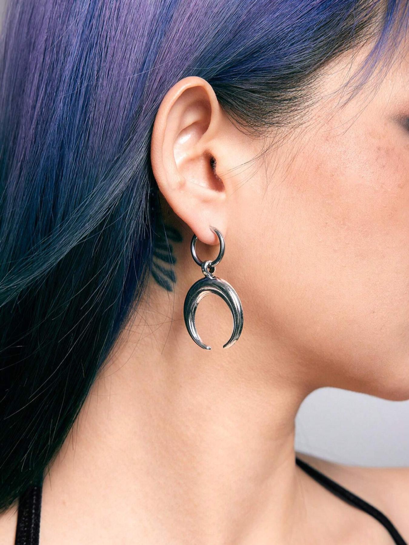 Moon Shaped Dangle Earrings, Punk Exaggerated Silver Horn Earrings, Fashion Ear Jewelry for Party, Daily Clothing Decor, Trendy All-match & Exquisite Jewelry for Gift