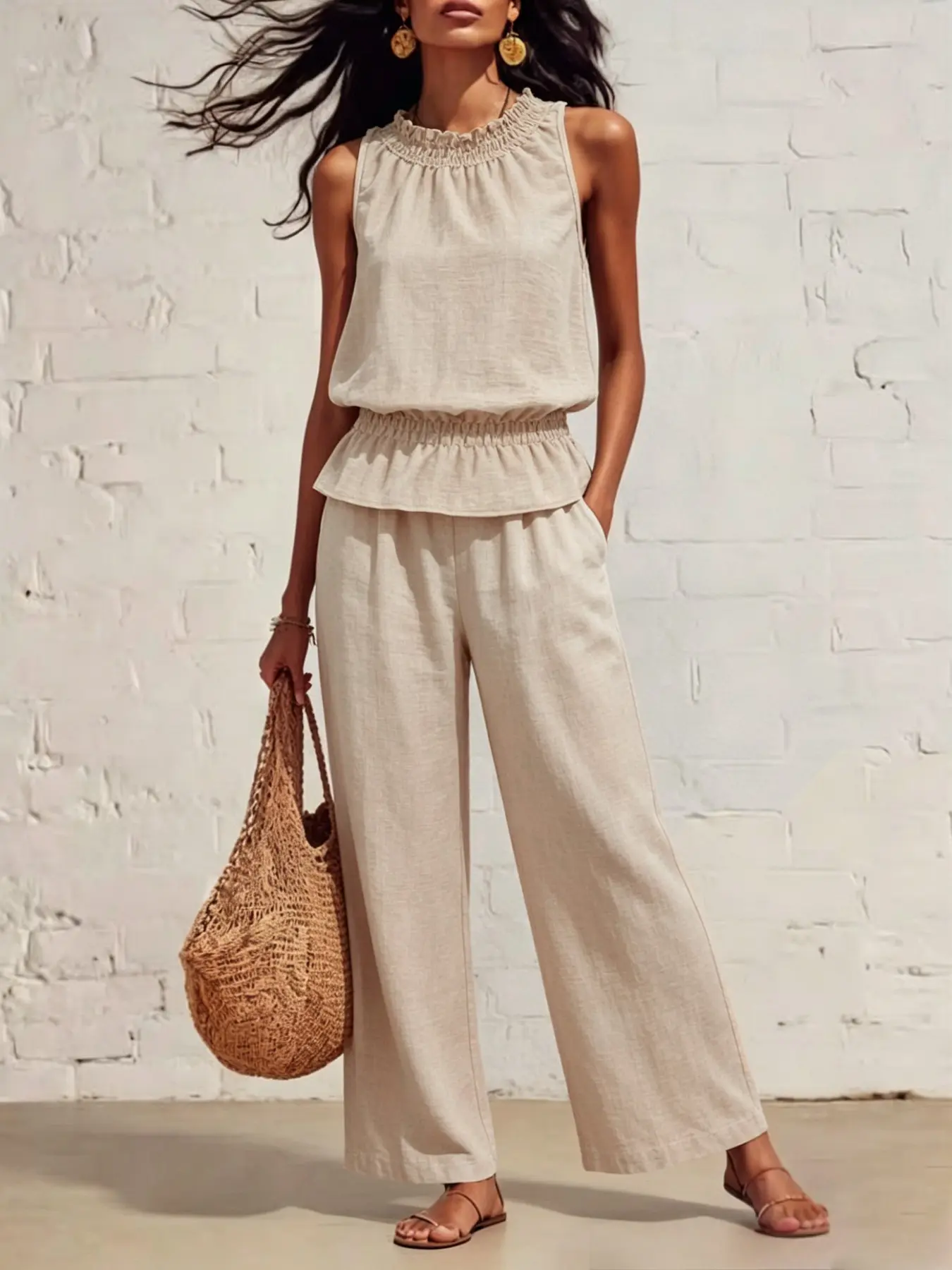 Women's Pant Set, Clothes: A two-piece ensemble featuring a solid-color, sleeveless tank top with a lace-trimmed neckline and ruffled hem, paired with loose-fitting trousers with pockets. Elegant, comfortable—a fresh look