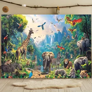 1 piece of wild jungle party banner featuring tigers, lions, elephants, giraffes, and zebras - vibrant polyester photo backdrop for home decoration, room and wall decor, seasonal party supplies and gifts, party background |   Vibrant jungle theme |   Vivi