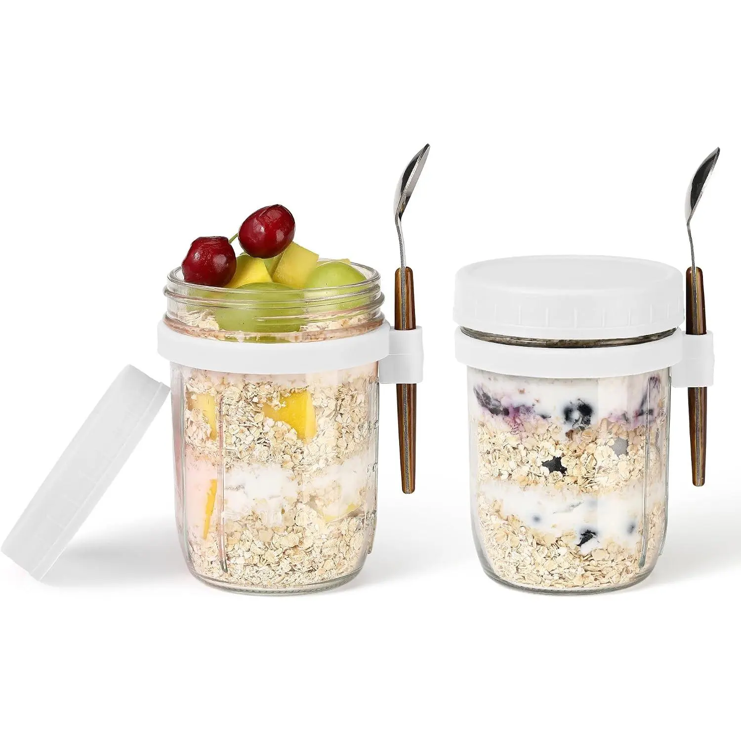 16oz Glass Mason Overnight Oats Jars, Cereal, Yogurt, Salad Lunch,Glass Overnight Oats Containers with  and Spoon, Container with Measurement Marks - (White-2Pcs)