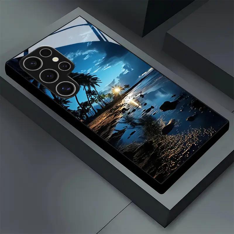 Tempered Glass Phone Case Featuring a Tropical Beach Sunset Design, Compatible with Samsung Galaxy S26 S25 S24 S23 S22Pro S21 S20 Fe Plus Ultra Pro A56 A55 A54 A53 A52 A51 A36 A35 A34 A32 A26 A25 A24 A23 A16 A15 A14 A06 A05 A03s