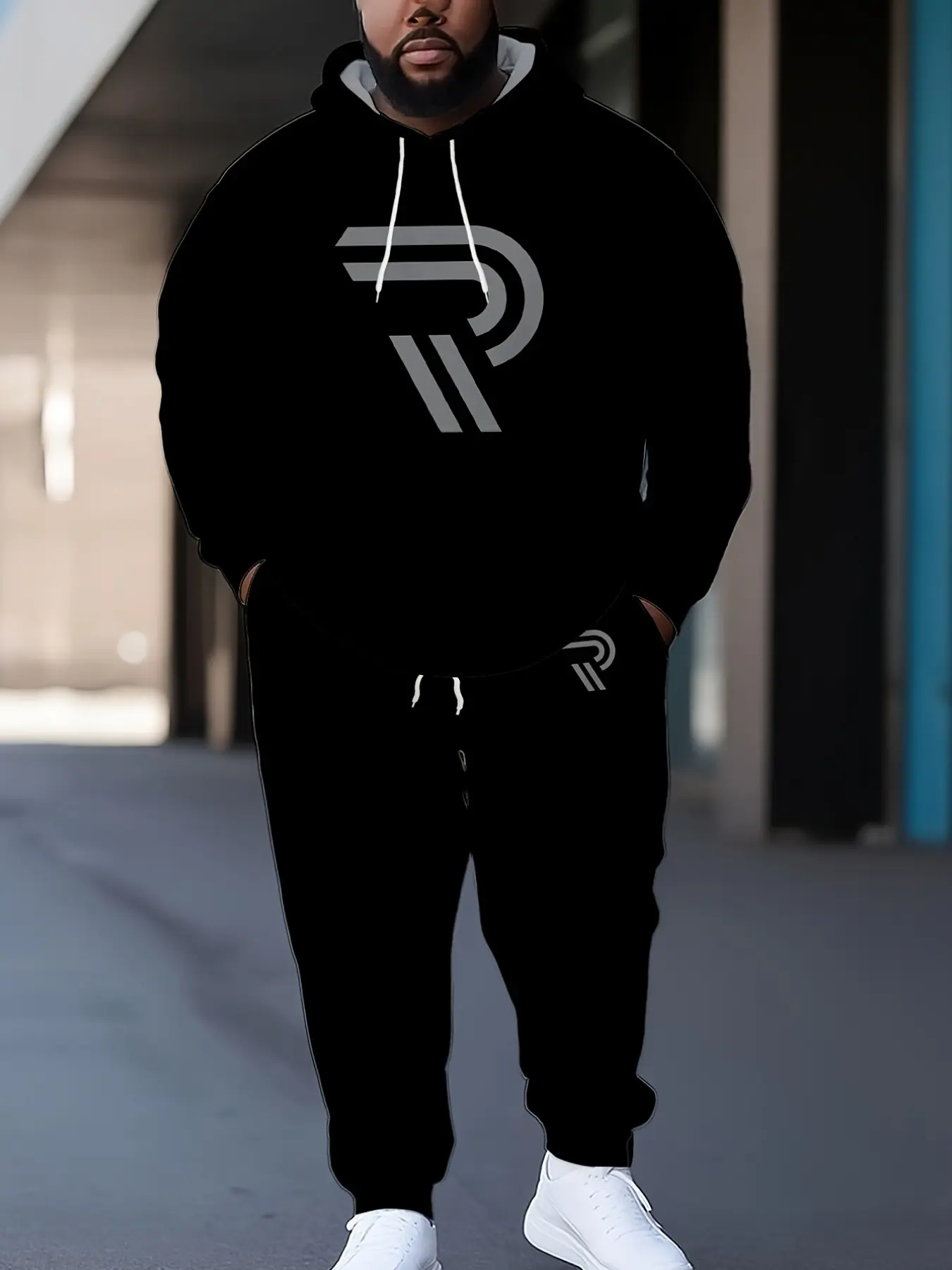 Men's Line R Logo Large Size Hooded Sports Set, Casual Long Sleeve Sweatshirt and Sweatpants, Fall Winter Asymmetrical Design