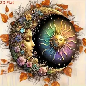 Bohemian Sun Moon Aluminum Aesthetic Wall Decor, Round Floral Design, Home Living Room Bedroom Wall Art Gift, Stylish Interior Decoration