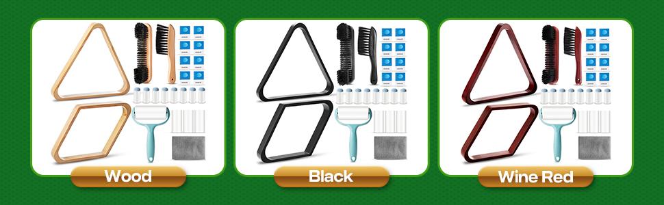 ShinyRelief 22 Pcs Pool Table Brush Set Wooden Billiard Rack 8 or 9 Ball Triangle Diamond for 2-1/4" Pool Ball with Polish Cloth Sticky Lint Roller Cue Chalk Cube Accessories
