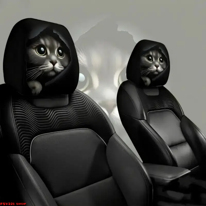2-Pack "Mysterious Black-Hooded Cat" Car Headrest Covers – Cute grey cat design, universal fit, car accessory for cat lovers; fun interior decor featuring a cute, mysterious kitten portrait—an ideal choice for cat enthusiasts. sohochic