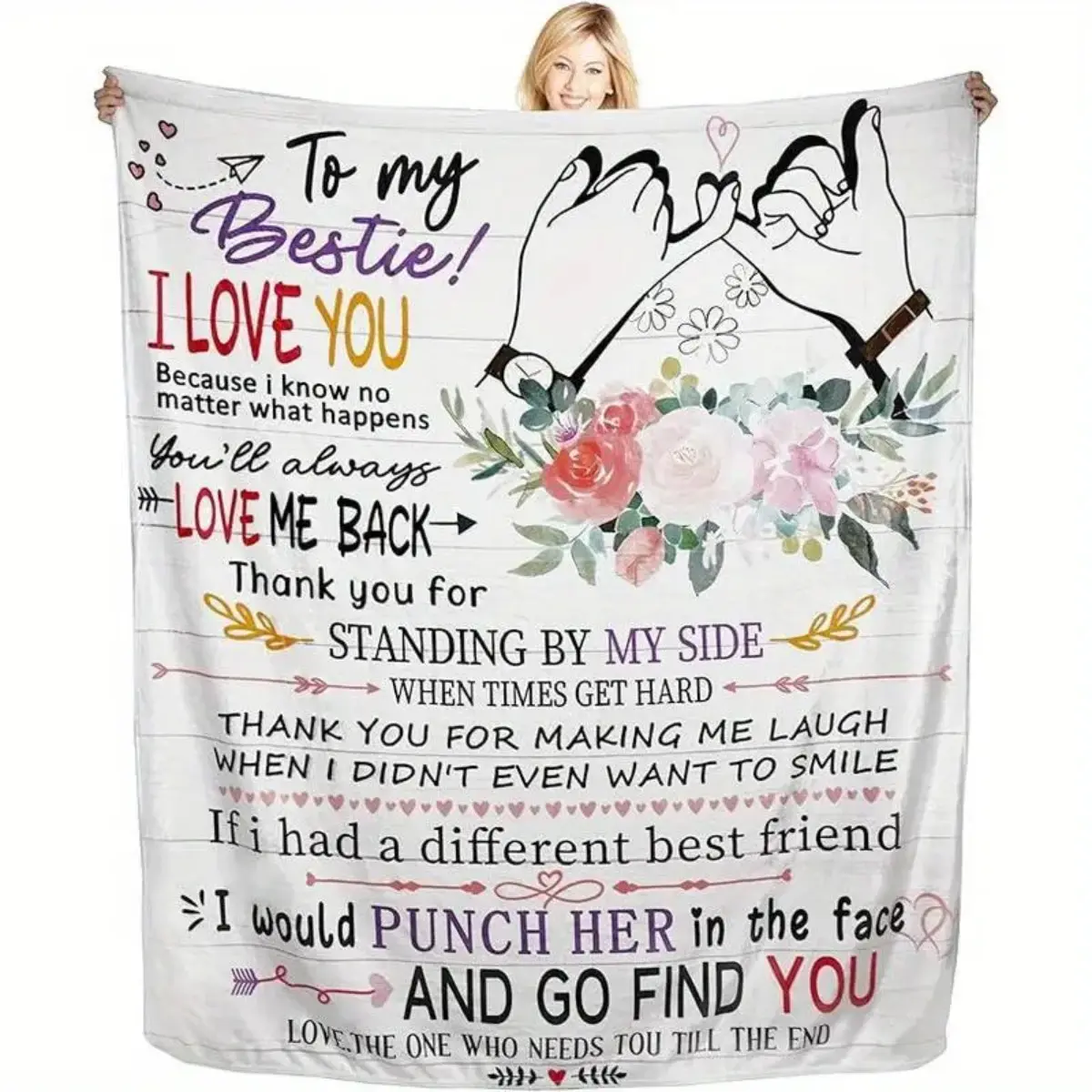 To My Bestie Friendship Blanket, Heartfelt Best Friend Throw Blanket, Floral Pinky Promise Gift for Birthday, Christmas, Graduation, Best Friend Keepsake