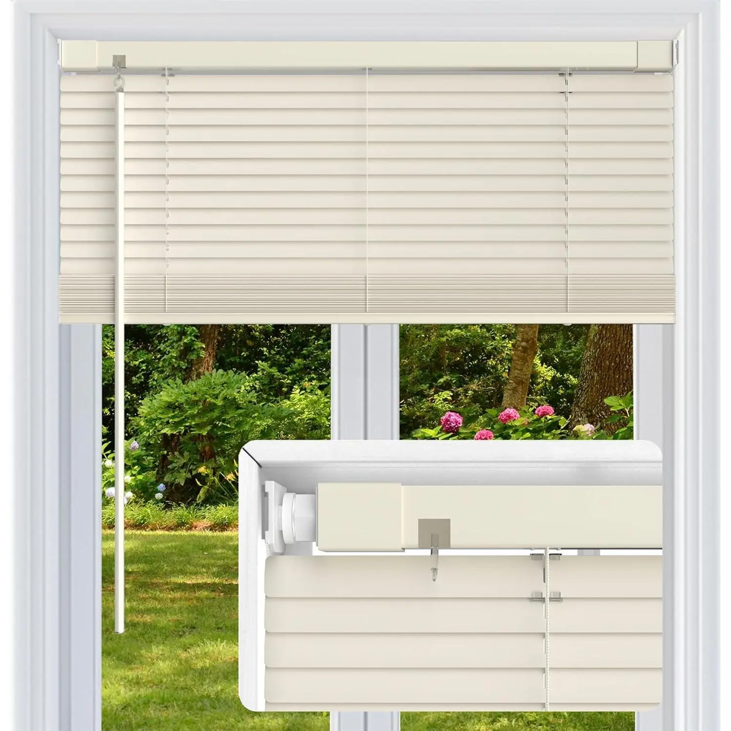 No Drill No Tool Cordless 1" Vinyl Mini Blinds 22" W x 36" H Cream, Light Filtering Horizontal Window Blinds & Shades
