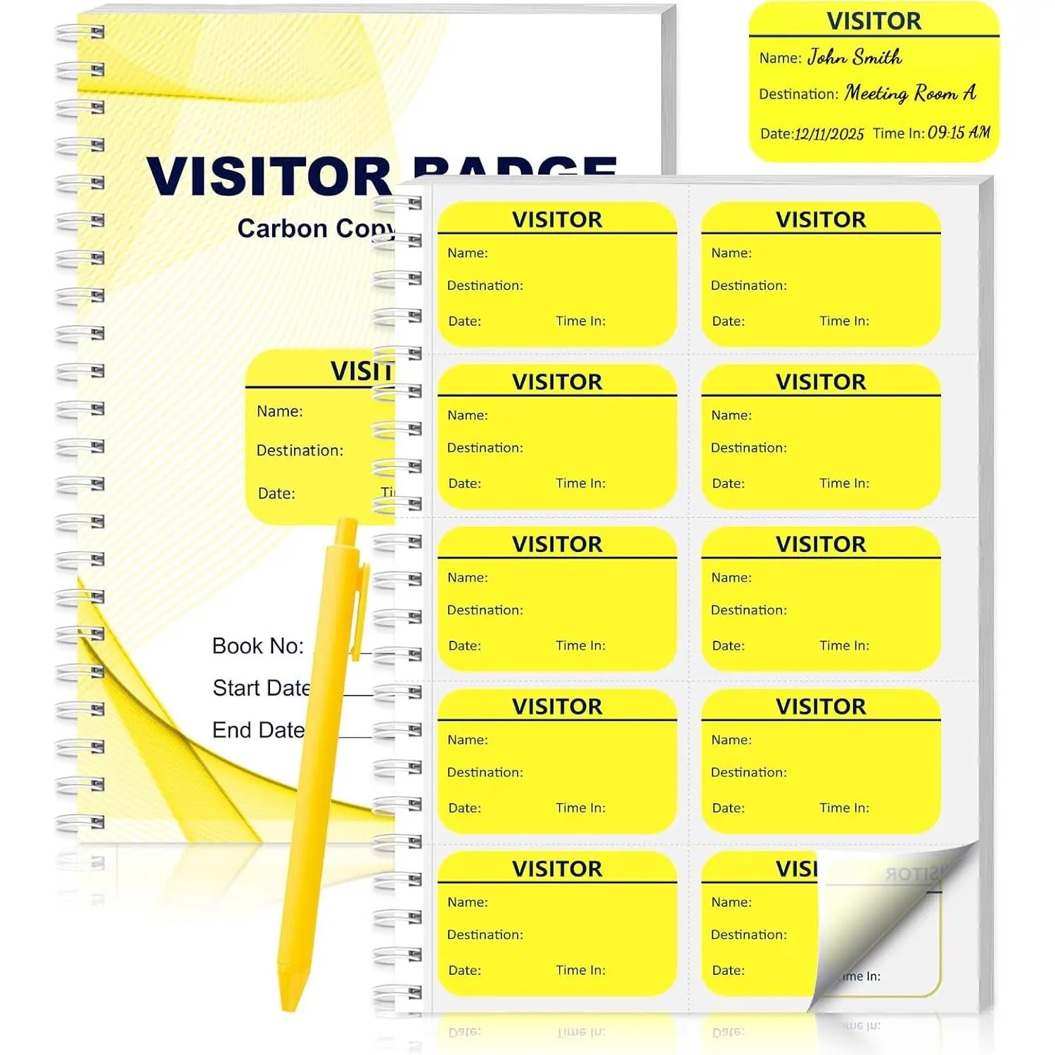300 Visitor Badges Stickers Visitor Log Book with Carbon Copy Visitor Pass Stickers with Carbonless Visitors Name Tags & Pen Guest Registry Log Book for School Business Church