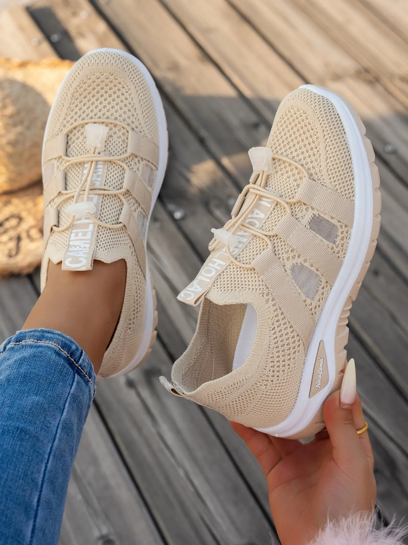 Summer Hollow Out Flyknit Mesh Walking Sandals for Women, Elastic Strap Slip-On Thick Sole Anti-Slip Breathable Shoes, Lightweight Sporty Casual Slippers