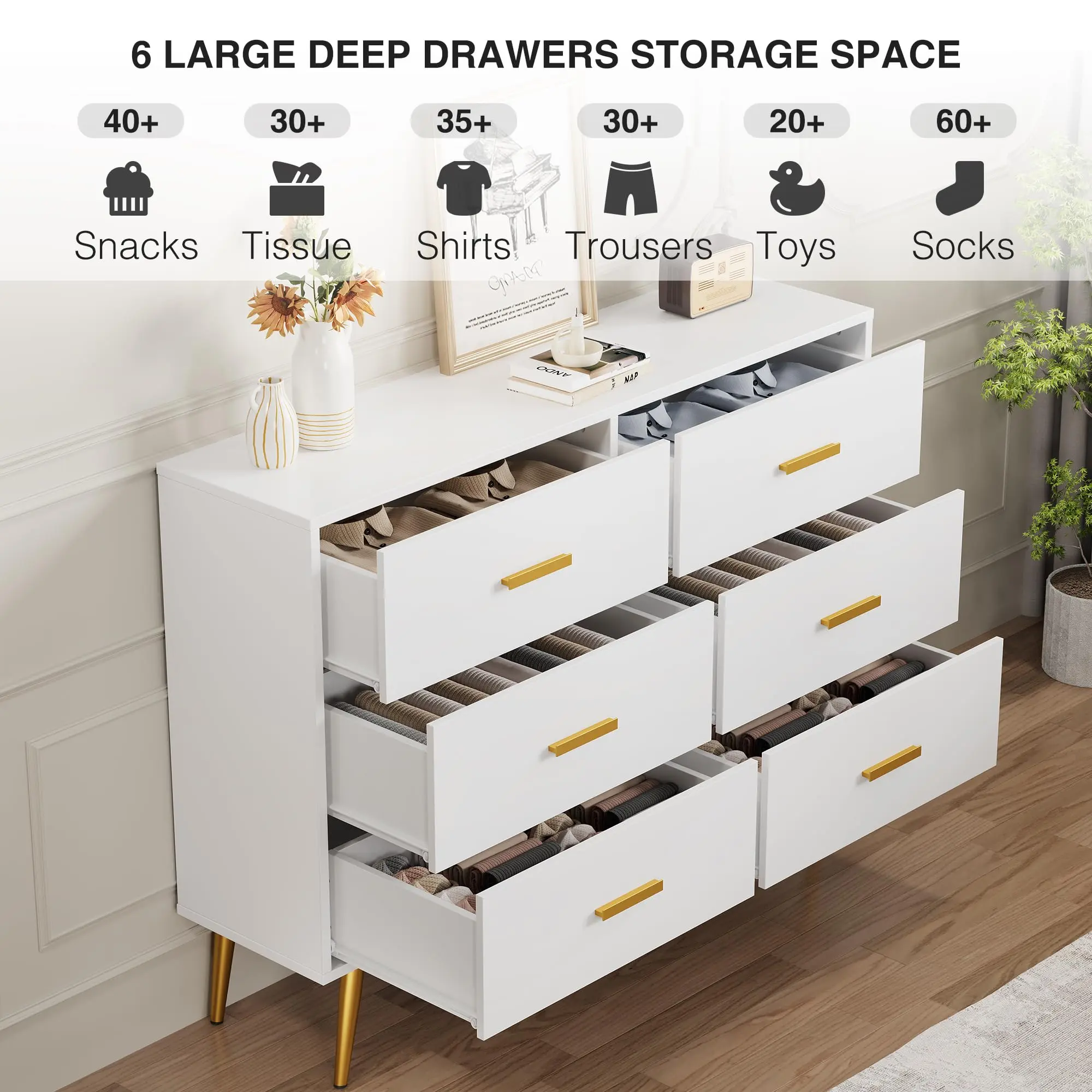 Garvee Modern 6-Drawer Wooden Dresser with Elegant Gold Handles, Deep Storage Capacity, Ideal for Bedroom, Living Room, and Entryway Organization