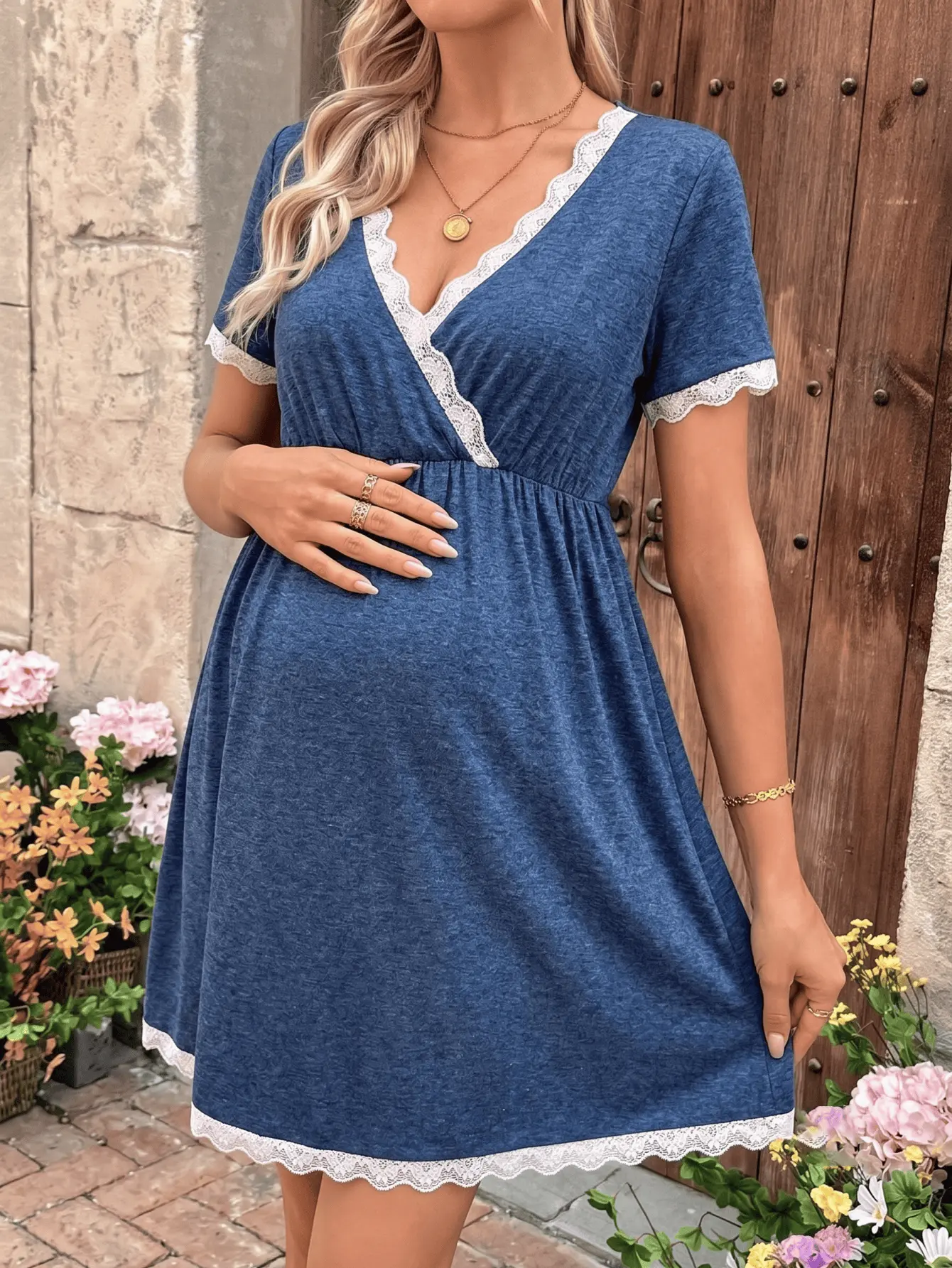 Women's Maternity 2-Piece V-Neck Short-Sleeve Shirt & Slim-Fit Pajama Set - Modest, Comfortable Summer Sleepwear for Modest Maternity Clothing & Accessories Needs