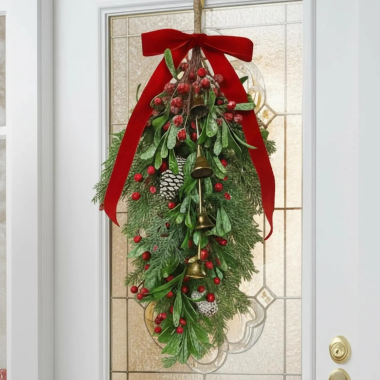 1pcs Christmas Teardrop Swag 30'' Mistletoe Artificial Christmas Mailbox Swag Decorative Pine Cedar Holly Berry Hanging Wreath for Cabinet Door Wall Outdoor Holiday Decor (Classic,Red)
