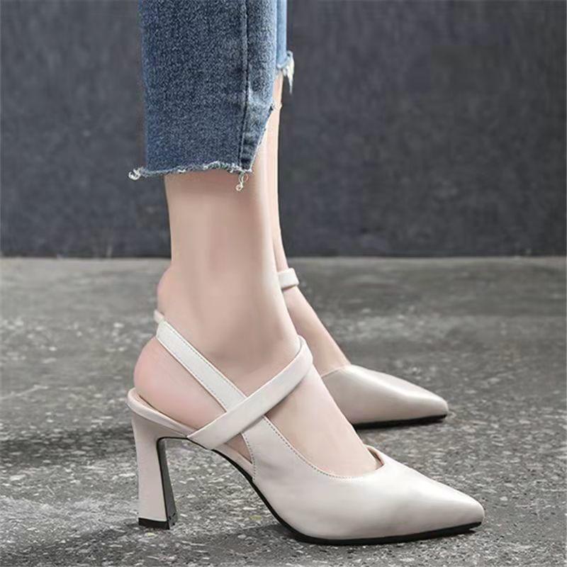 34 42 Soft Leather High Heel Women Summer Pointed Toe Closed Toe Versatile Chunky Heel Strap Sandals for Mothers