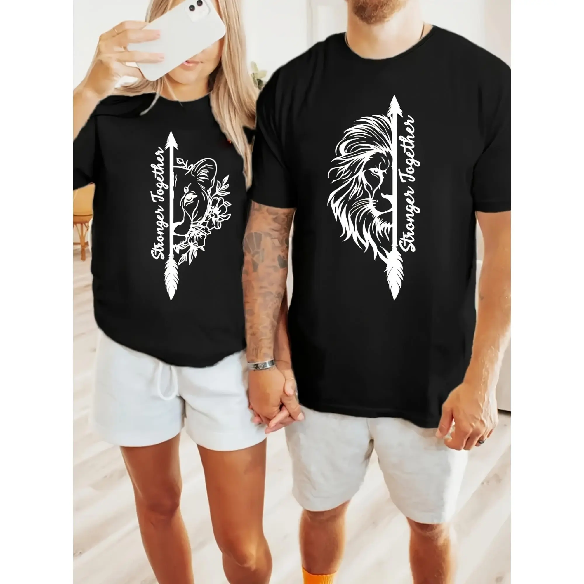 [Breathable T Shirts]Breathable Machine Washable T Shirts Lion And Floral Graphic Design Casual Round Neck Short Sleeve Tees for Couples All-Season Comfort Fit for Valentine'S Day Holiday Gift