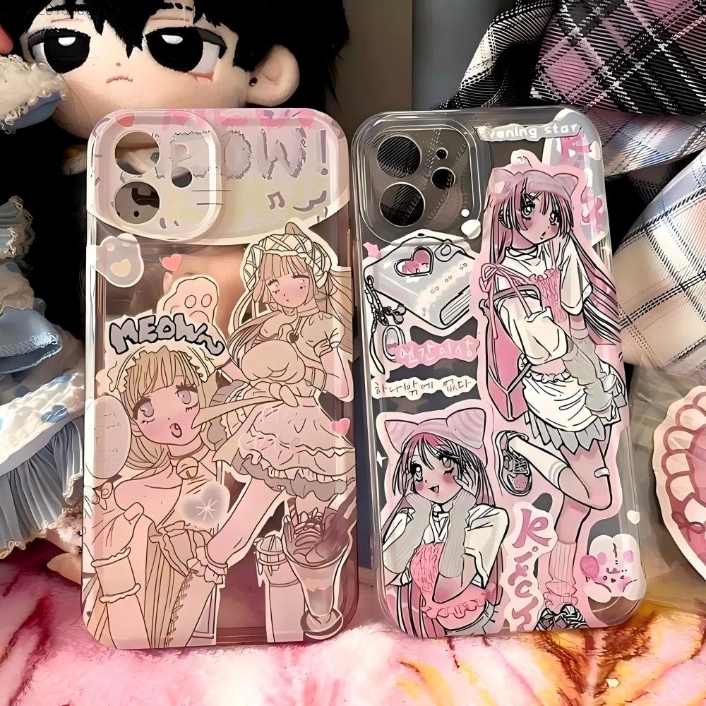 Comic Kawaii Pink Anime Girl Phone Case for iPhone 17 16 15 14 13 12 11 Air Pro Max Plus Stylish Cute Soft Clear Shockproof Durable