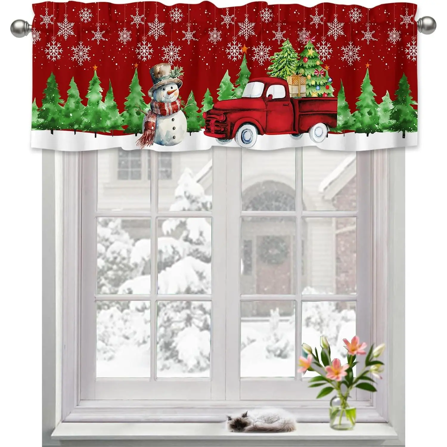 Christmas Valance for Windows Red Snowman Farm  Rustic Christmas Curtains Kitchen Valances Rod Pocket Short Curtain for Living Room Bedroom Decor Xmas Decorations 13" X 54"