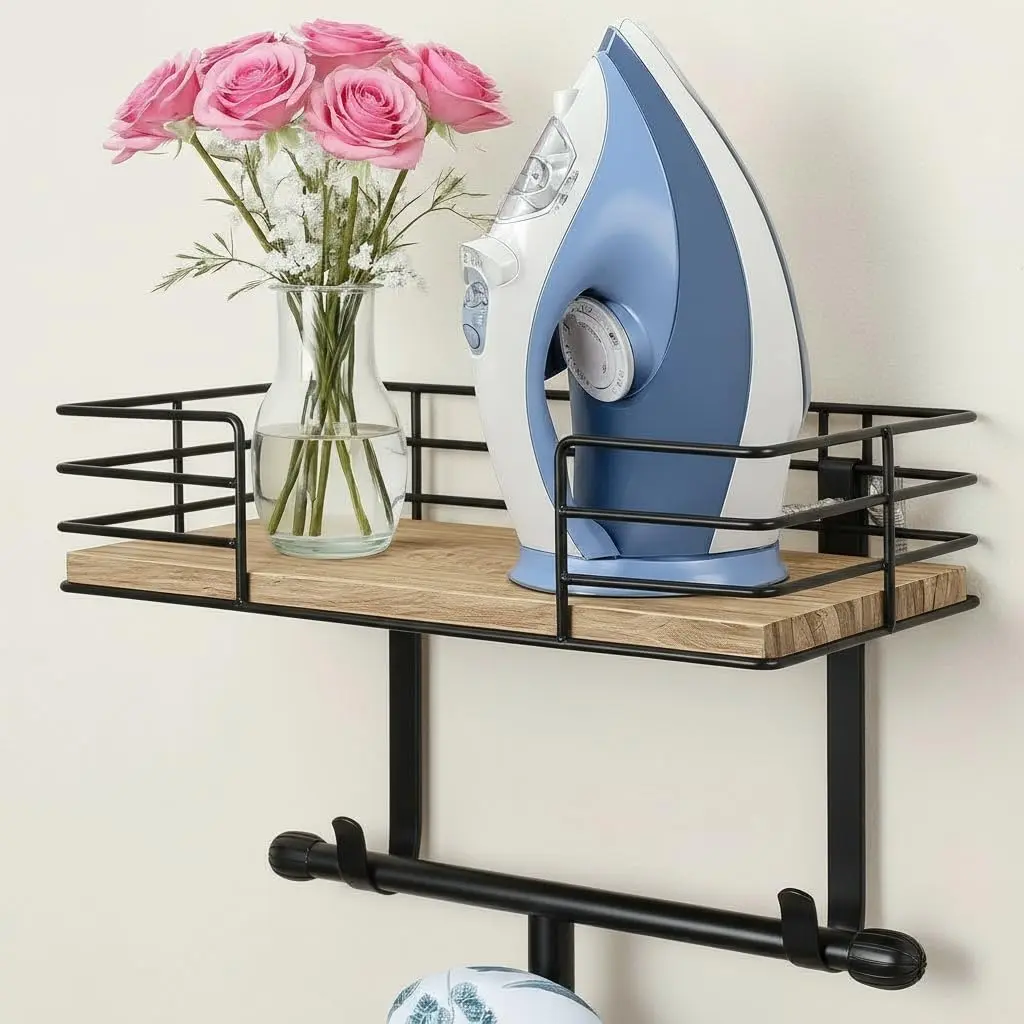 Ironing Board Holder Wall Mount with Shelf, Ironing Board Hanger with Basket, Metal Iron Holder Wall Mounted, Laundry Room Organizer for Iron and Board Storage