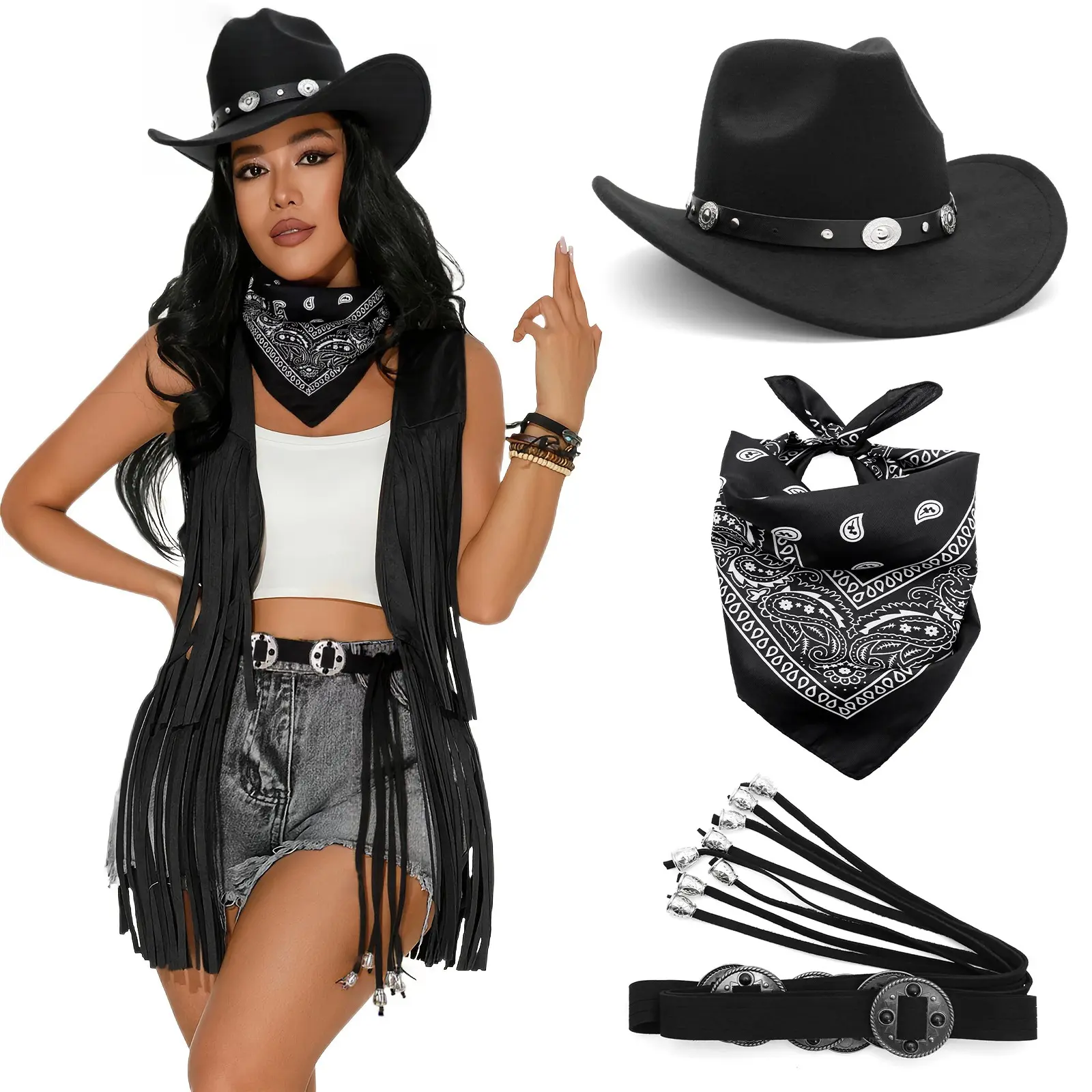 Western Cowboy Cowgirl Soft Accessory Set - Vintage Black Felt Hat with Cotton Skull Concho Leather Belt, Fringe Tassel, Paisley Neck Bandana, Silver Hat Shaper Insert for Country Music Festival, Halloween Cosplay