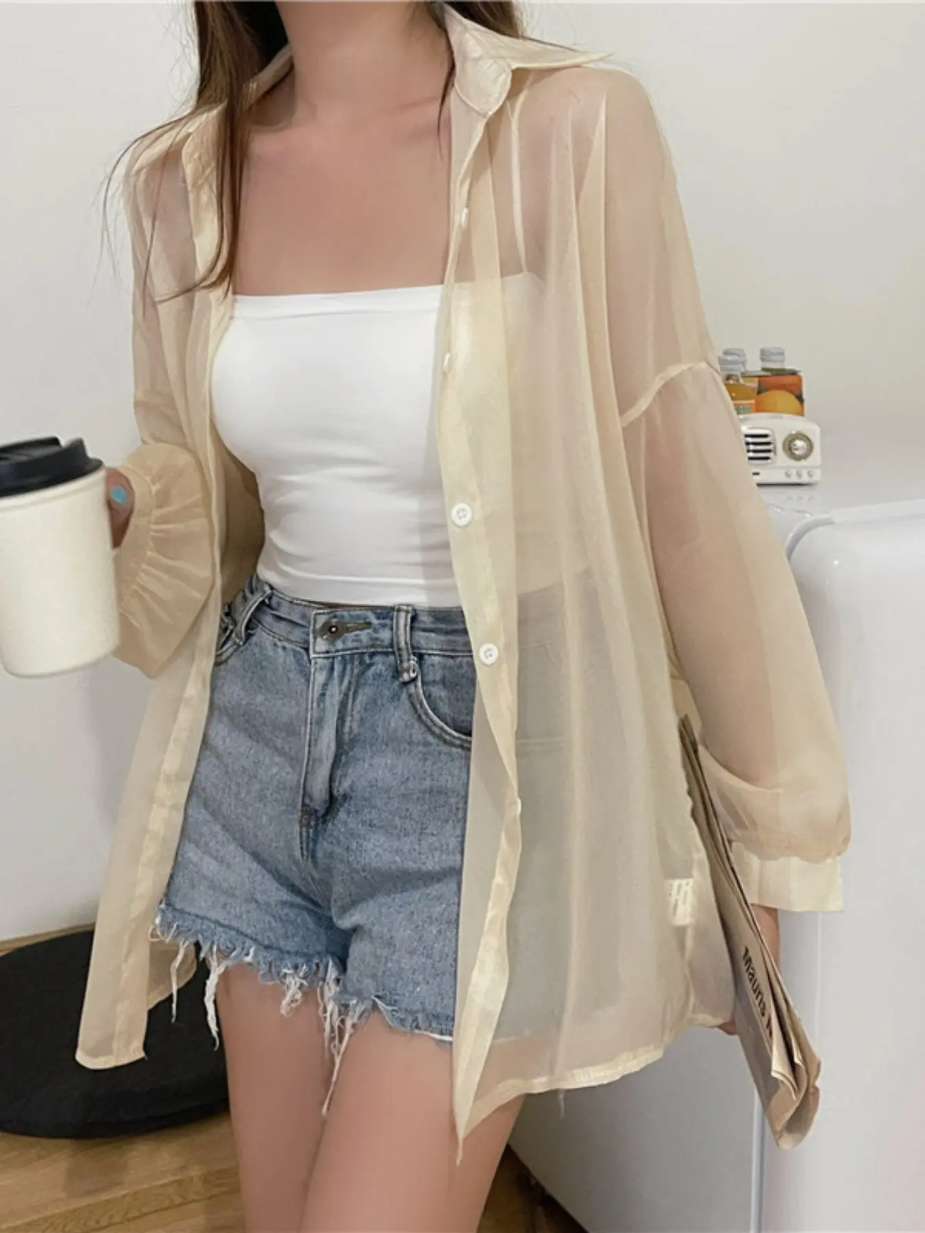 Women's Sun Protection Shirt, Long Sleeve Air Conditioning Blouse, Outerwear Chiffon Top, Versatile Summer Coat, Trendy Fashion Apparel