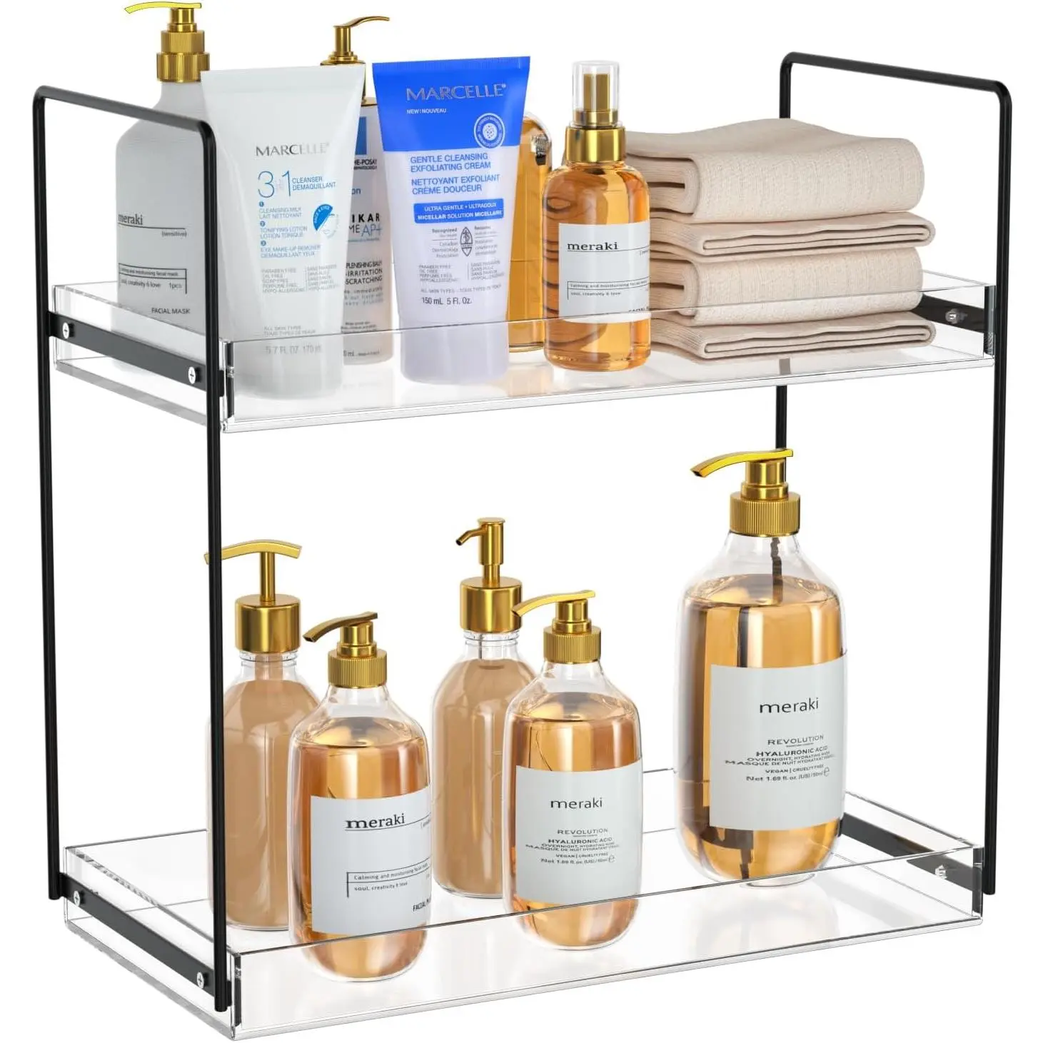 Bathroom Countertop Organizer, 2 Tier  Tray  Counter Skincare Organizer Shelf,  Storage Holder for Lotion Makeup  Perfume , Black+Clear